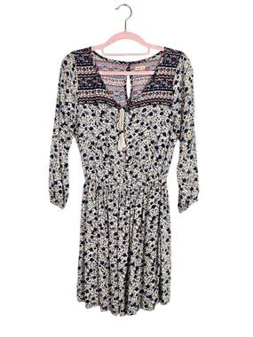 HOLLISTER 3/4 Sleeve Dress size S OFF WHITE w BLUE & RED Floral Boho Tassel Ties